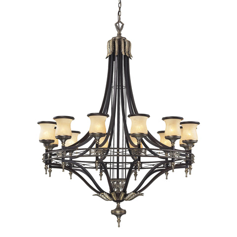 12 Light Chandelier In Antique Bronze & Dark Umber And Marblized Amber Glass