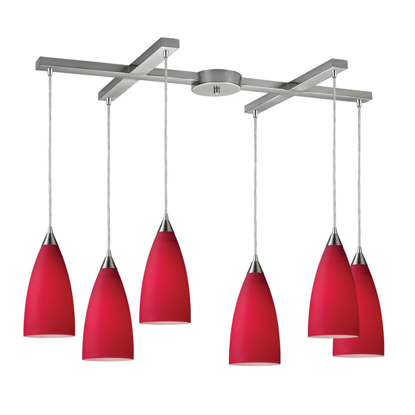 Vesta 6-Light Pendant In Cardinal Red In Satin Nickel
