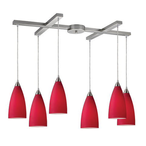 Vesta 6-Light Pendant In Cardinal Red In Satin Nickel