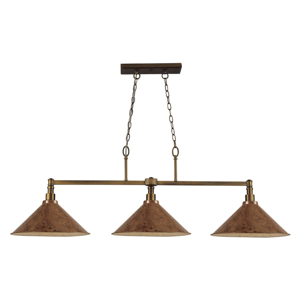Baxter 3 Light Billiard In Burl Wood And Brushed Antique Brass