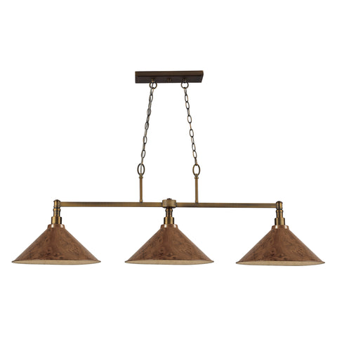 Baxter 3 Light Billiard In Burl Wood And Brushed Antique Brass