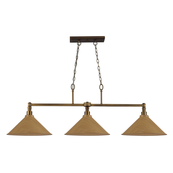 Baxter 3 Light Billiard In Medium Oak And Brushed Antique Brass