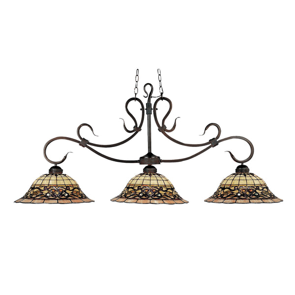 Tiffany Buckingham 3-Light Billiard/Island In Vintage Antique With Tiffany Style Glass