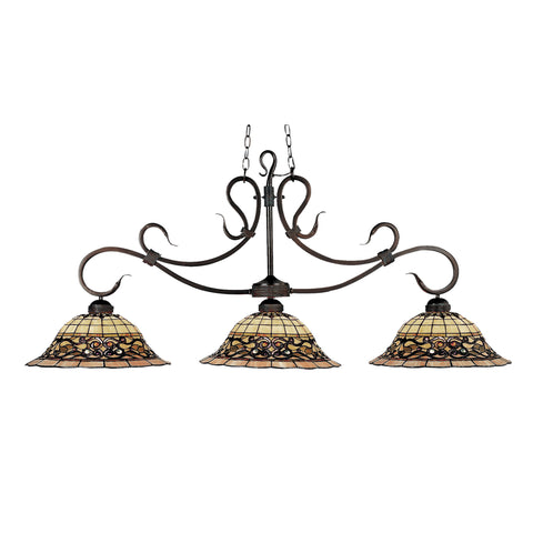 Tiffany Buckingham 3-Light Billiard/Island In Vintage Antique With Tiffany Style Glass