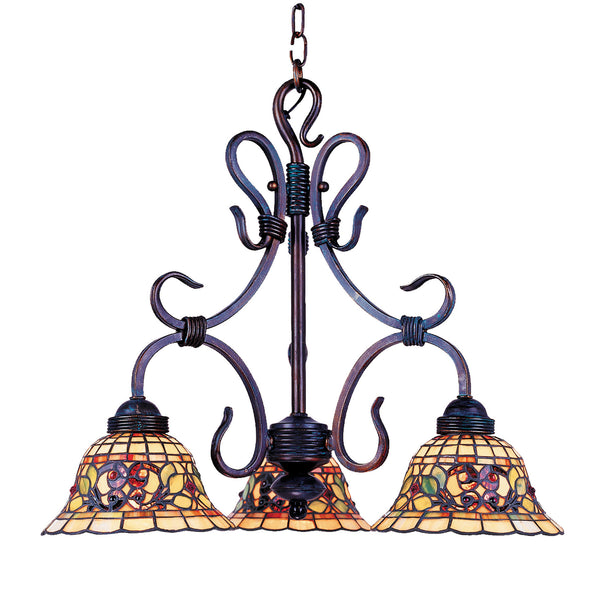 Tiffany Buckingham 3-Light Chandelier In Vintage Antique With Tiffany Style Glass