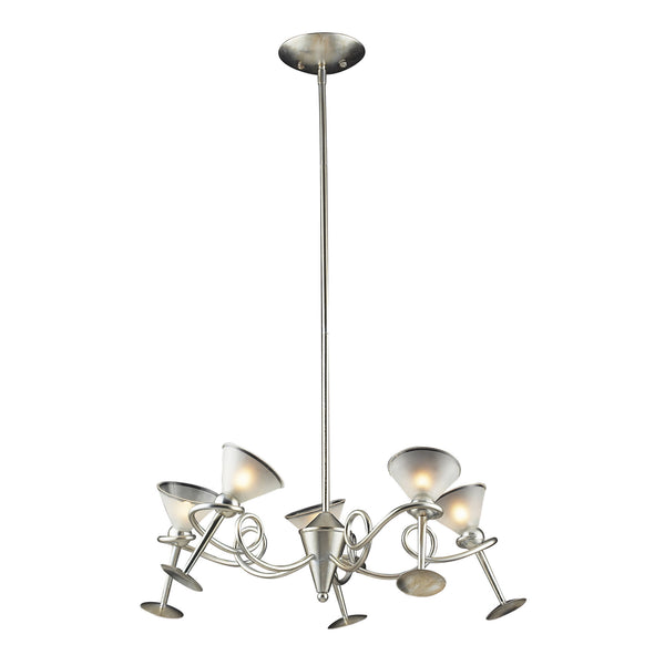 5 Light Chandelier In Silver Leaf And Frosted Martini Glass