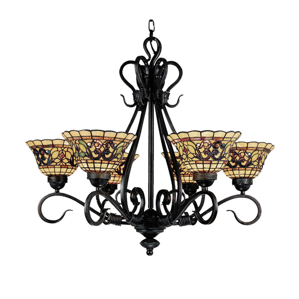 Tiffany Buckingham 6-Light Chandelier In Vintage Antique With Tiffany Style Glass