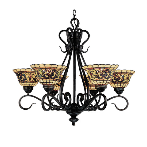 Tiffany Buckingham 6-Light Chandelier In Vintage Antique With Tiffany Style Glass