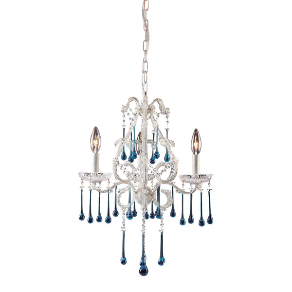 3 Light Chandelier In Antique White And Aqua Crystal