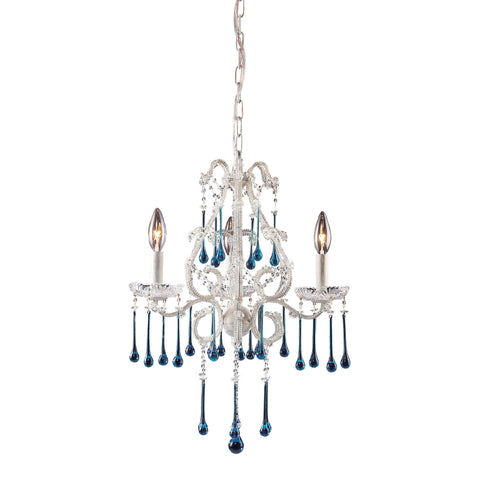 3 Light Chandelier In Antique White And Aqua Crystal