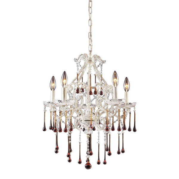 5 Light Chandelier In Antique White And Amber Crystal