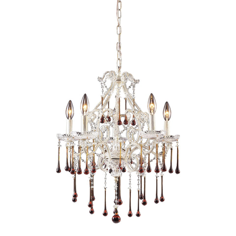 5 Light Chandelier In Antique White And Amber Crystal