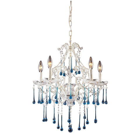 5 Light Chandelier In Antique White And Aqua Crystal