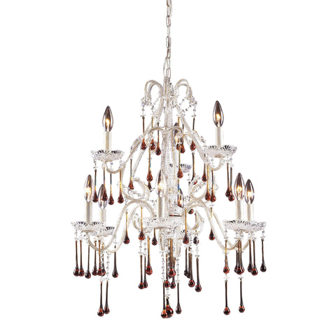 9 Light Chandelier In Antique White And Amber Crystal