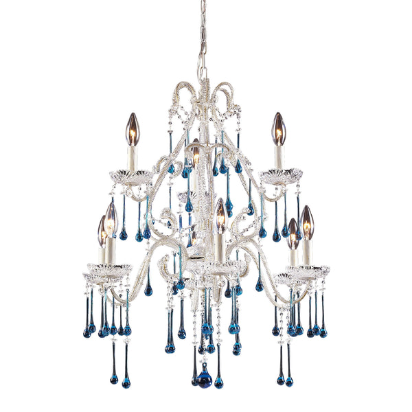 9 Light Chandelier In Antique White And Aqua Crystal