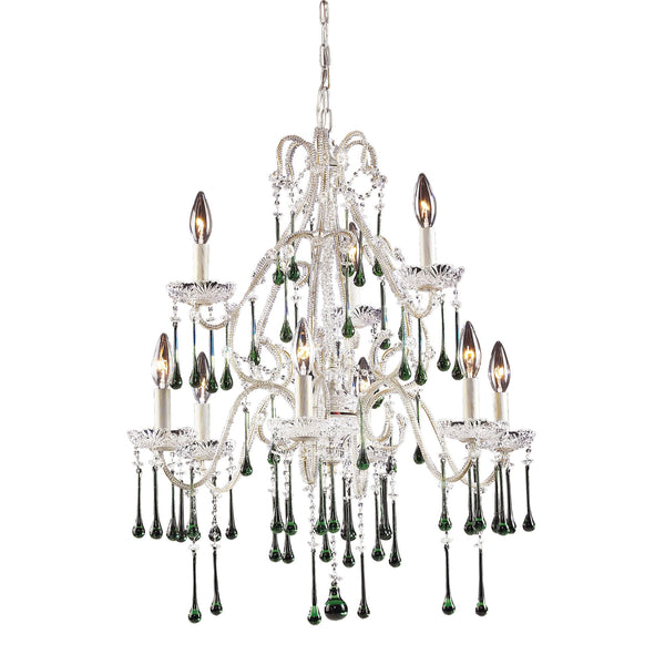 9 Light Chandelier In Antique White And Lime Crystal