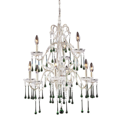 9 Light Chandelier In Antique White And Lime Crystal