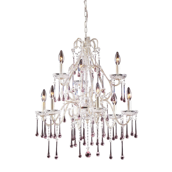 9 Light Chandelier In Antique White And Rose Crystal