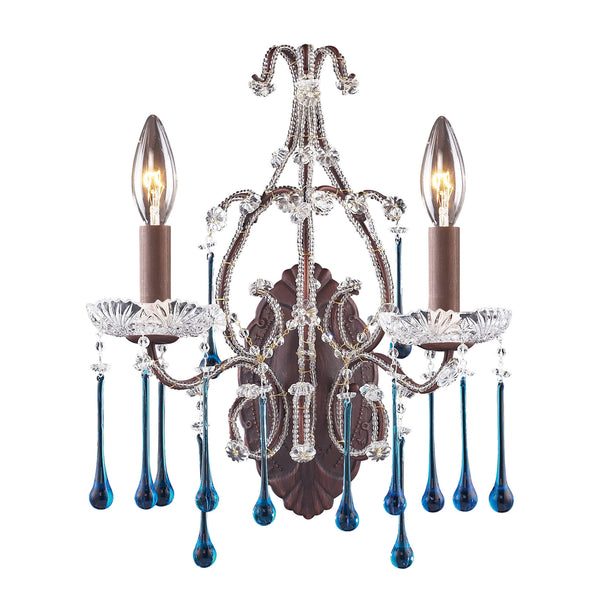 2 Light Wall Bracket In Rust And Aqua Crystal
