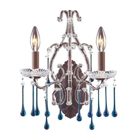 2 Light Wall Bracket In Rust And Aqua Crystal