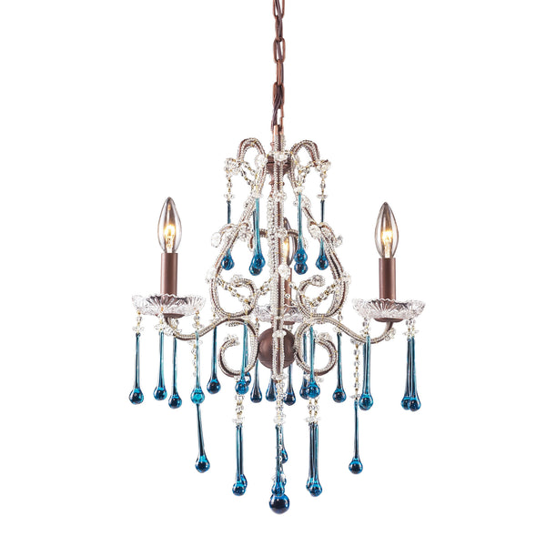 3 Light Chandelier In Rust And Aqua Crystal