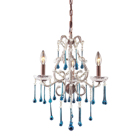 3 Light Chandelier In Rust And Aqua Crystal