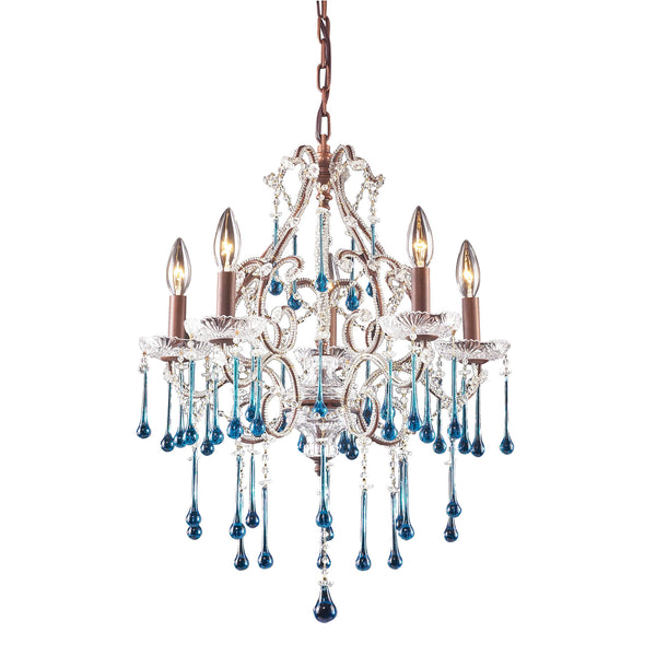 5 Light Chandelier In Rust And Aqua Crystal