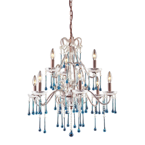 9 Light Chandelier In Rust And Aqua Crystal