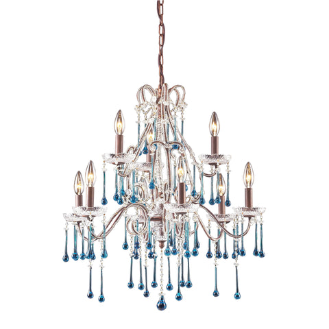 9 Light Chandelier In Rust And Aqua Crystal
