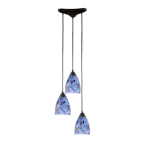 3 Light Pendant In Dark Rust And Starlight Blue Glass