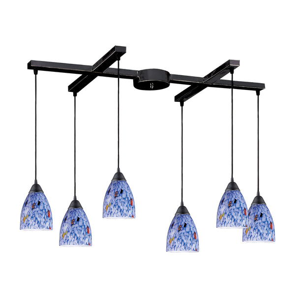 6 Light Pendant In Dark Rust And Starlight Blue Glass