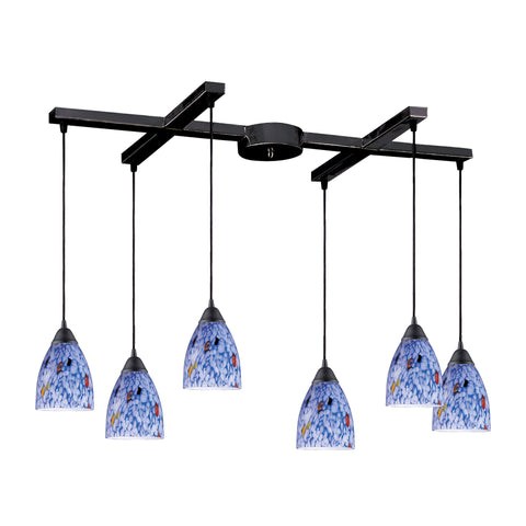 6 Light Pendant In Dark Rust And Starlight Blue Glass