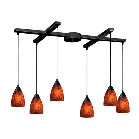 6 Light Pendant In Dark Rust And Espresso Glass
