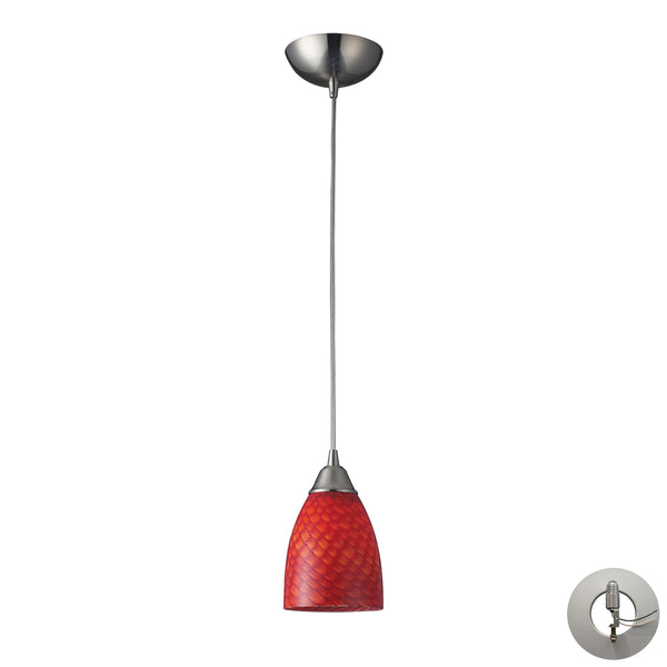 1 Light Pendant In Satin Nickel And Scarlet Red Glass Includes An Adapter Kit To Allow For Easy Conversion Of A Recessed Light To A Pendant