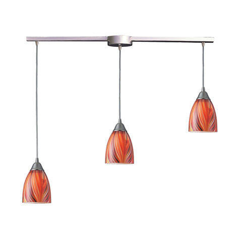 3 Light Pendant In Satin Nickel And Multi Glass