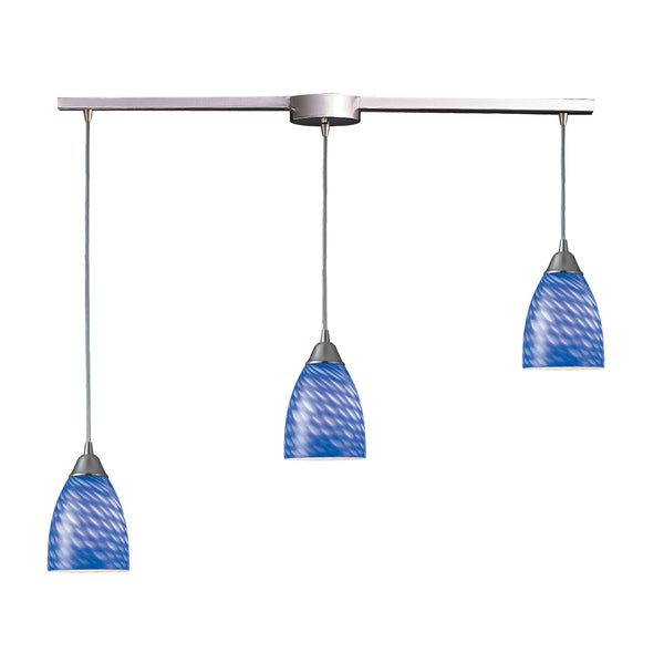 3 Light Pendant In Satin Nickel And Sapphire Glass
