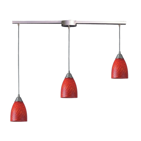 3 Light Pendant In Satin Nickel And Scarlet Red Glass