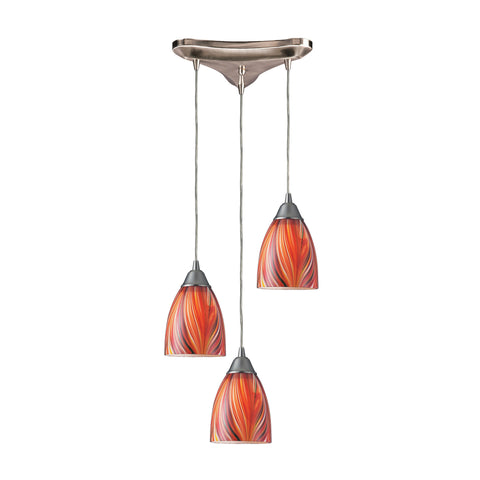 3 Light Pendant In Satin Nickel And Multi Glass
