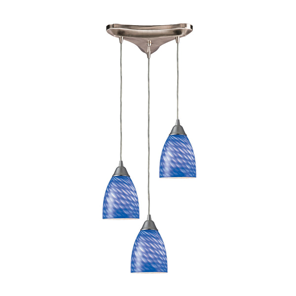 3 Light Pendant In Satin Nickel And Sapphire Glass