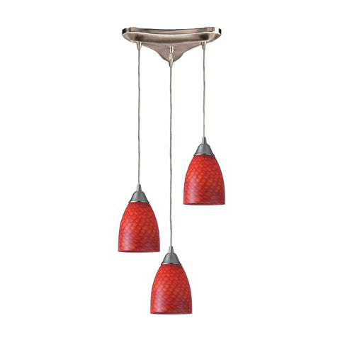 3 Light Pendant In Satin Nickel And Scarlet Red Glass