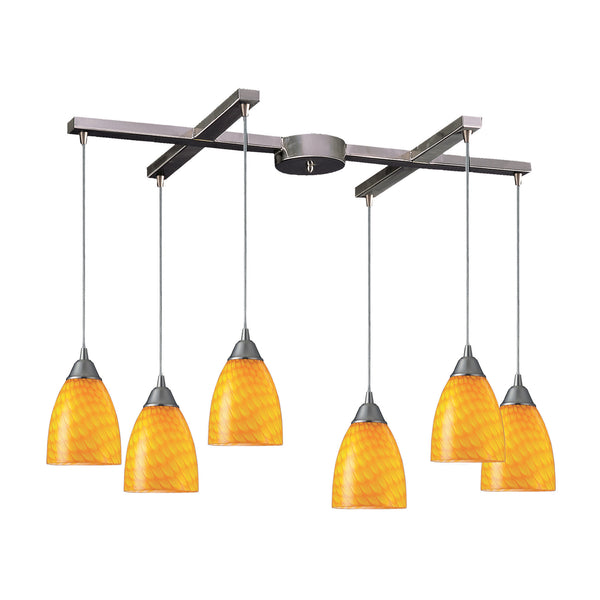6 Light Pendant In Satin Nickel And Canary Glass