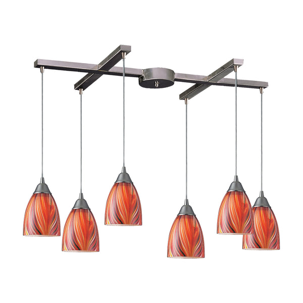 6 Light Pendant In Satin Nickel And Multi Glass