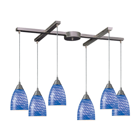 6 Light Pendant In Satin Nickel And Sapphire Glass