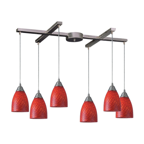 6 Light Pendant In Satin Nickel And Scarlet Red Glass