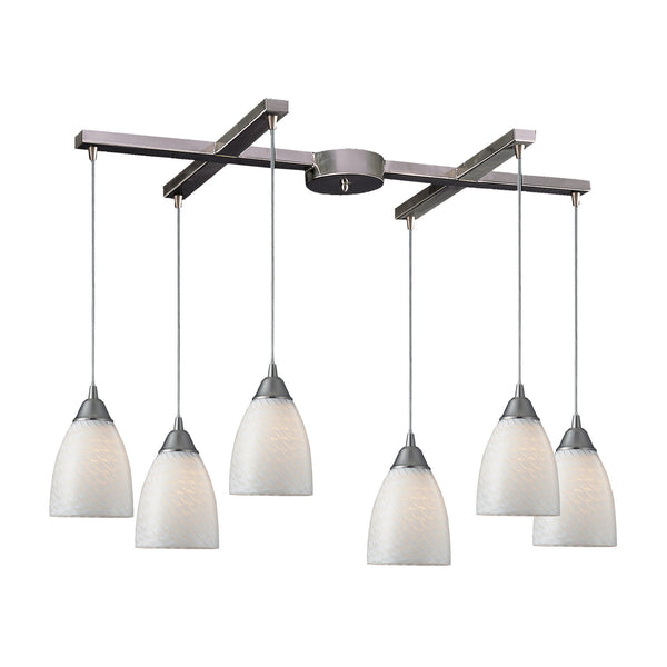 6 Light Pendant In Satin Nickel And White Swirl Glass