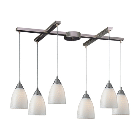 6 Light Pendant In Satin Nickel And White Swirl Glass