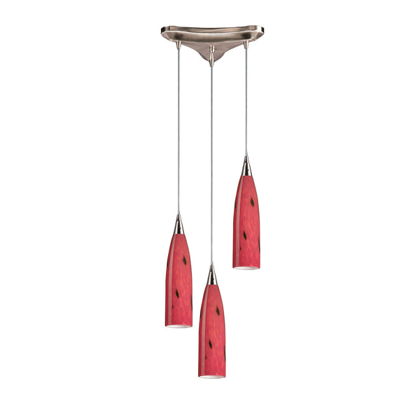 3 Light Pendant In Satin Nickel And Fire Red Glass