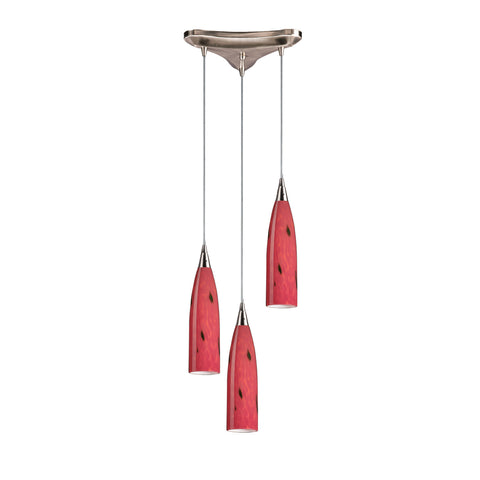 3 Light Pendant In Satin Nickel And Fire Red Glass