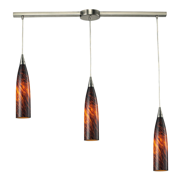 3 Light Pendant In Satin Nickel And Espresso Glass