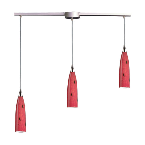 3 Light Pendant In Satin Nickel And Fire Red Glass